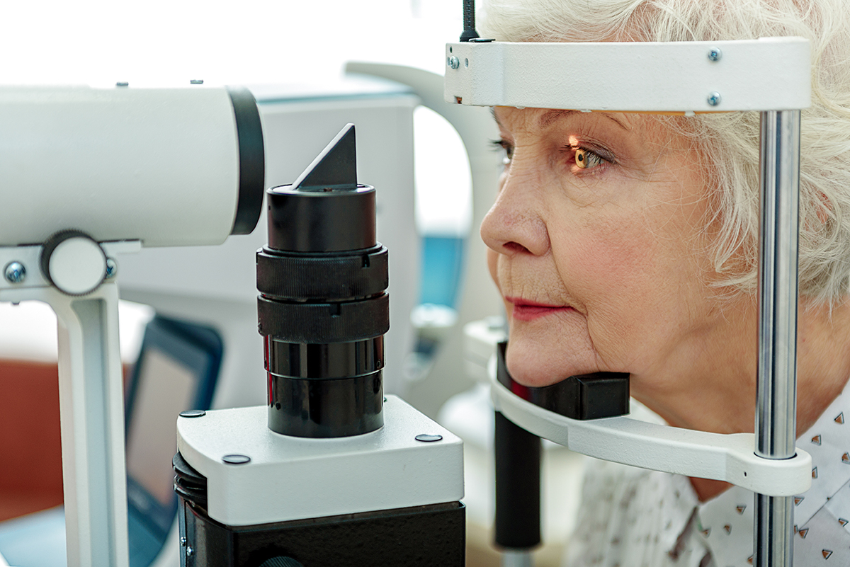 Woman getting her eyes evaluated for glaucoma